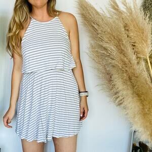 UO URBAN White Black Striped Tie Tank Top Ruffle Swing Mini Open Back Dress S